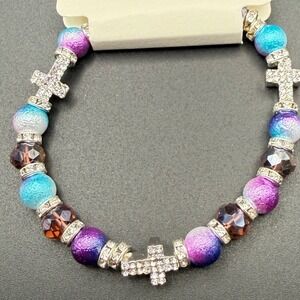 Multicolor Ombre Beaded Cross Stretch Bracelet Rhinestone Accents New
